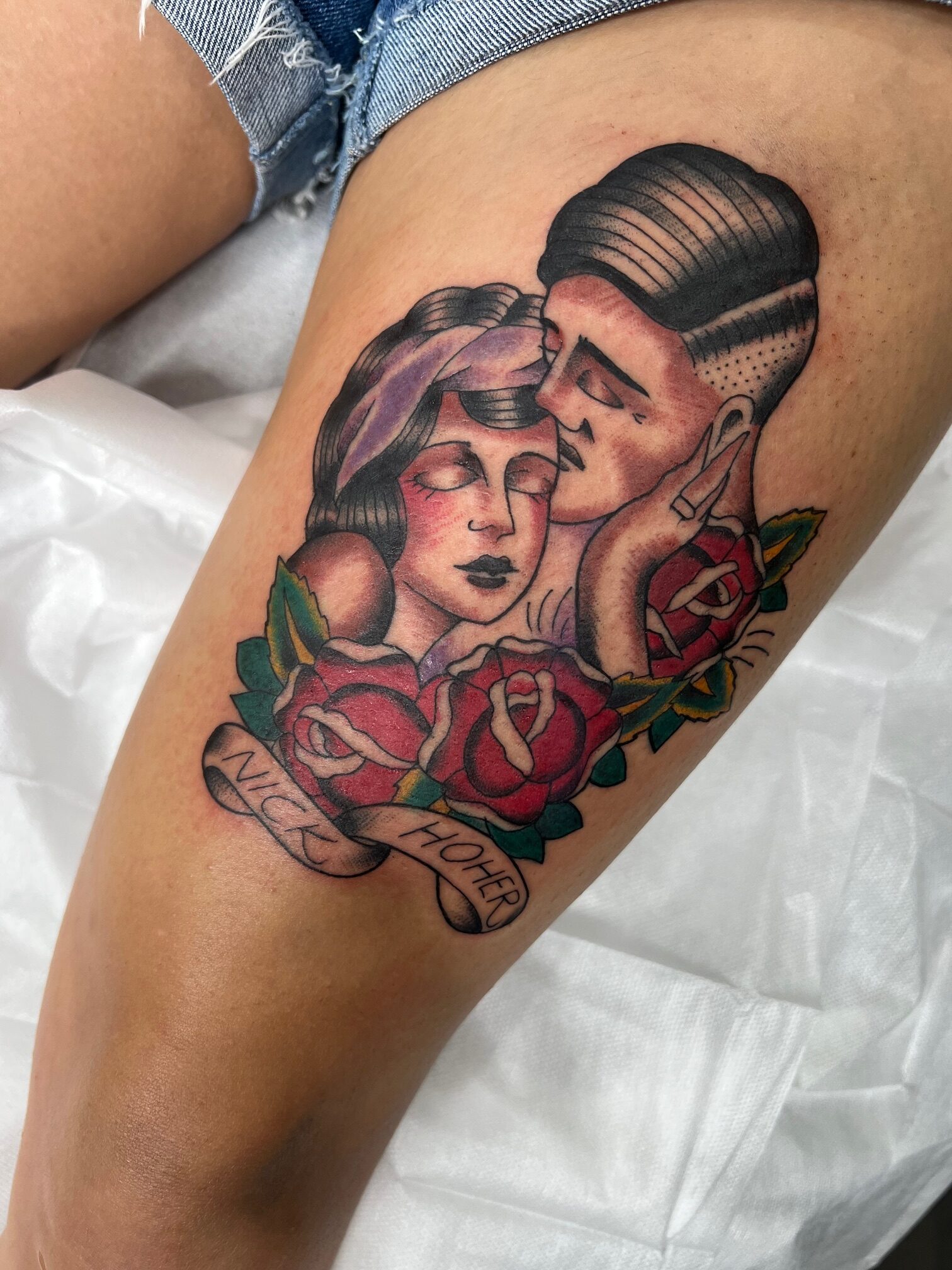 Traditional man and woman tattoo by Nick Soto at Propaganda Tattoo